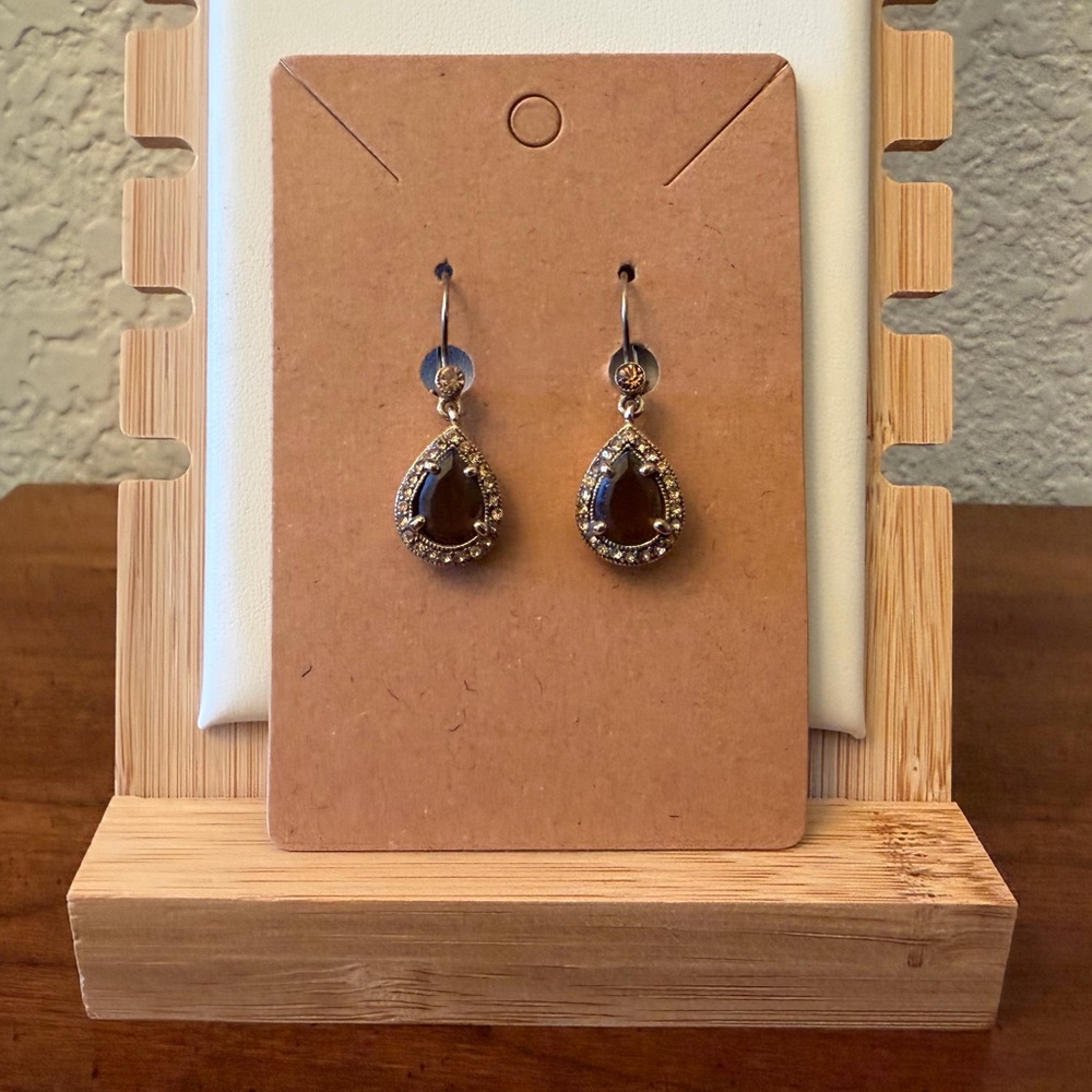Vintage Teardrop Dangle Earrings, Gold & Brown, EUC